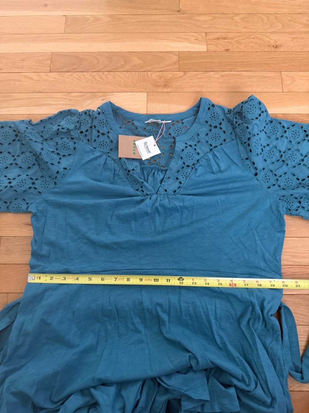 NWT Boden Eden Broderie Jersey Dress Teal Eyelet Tie-Waist Midi Dress 16-18 R - Picture 7 of 11